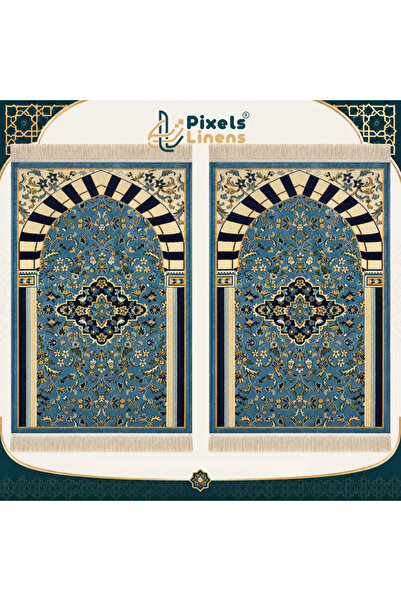 PixelsLinens مجموعة 2 سجادة صلاة فاخرة بنقوش مستوحاة من الروضة الشريفة من بكس...