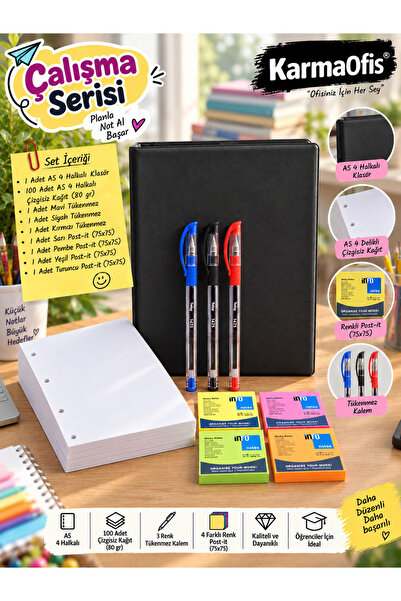 KarmaOfis A5 4-Ring Folder Work Set Black – 100 Sheets, 3 Ballpoint Pens and ...
