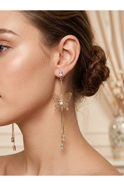 ROYAL SPARK Gold Color Zircon Stone and Long Chain Dangle Butterfly Design Wo...