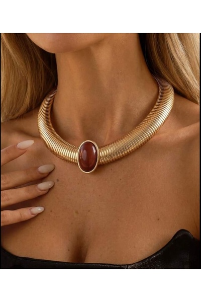 Xuping Kalın Choker Kolye - 14K Gold İri Oval Bordo Taşlı Vintage Statement Boyunluk Özel Gün Kolyesi