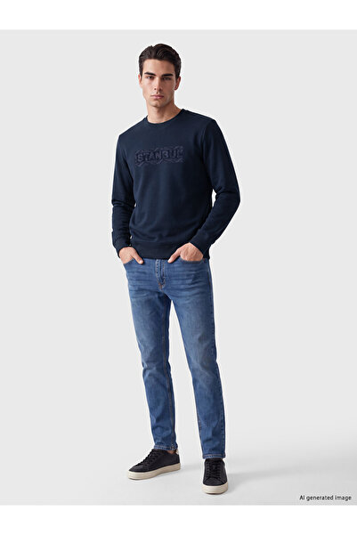 LC Waikiki Peak New Season Navy Blue Crew Neck Printed Men's Thick Sweatshirt