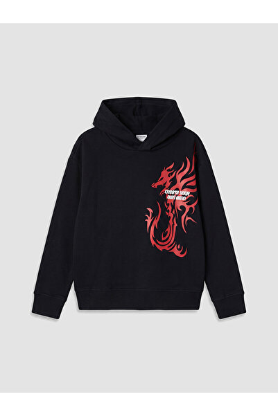 LC Waikiki Ozmarka New Season Black Hooded Printed Boys' Sweatshirt