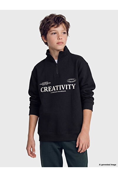 LC Waikiki Black Mock Neck Printed Boys' Thick Sweatshirt