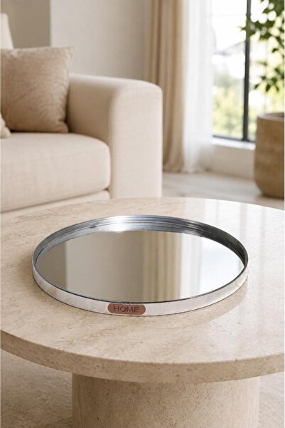 PEKİBU Round Model Mirror Presentation Tray Decor Silver 25 cm
