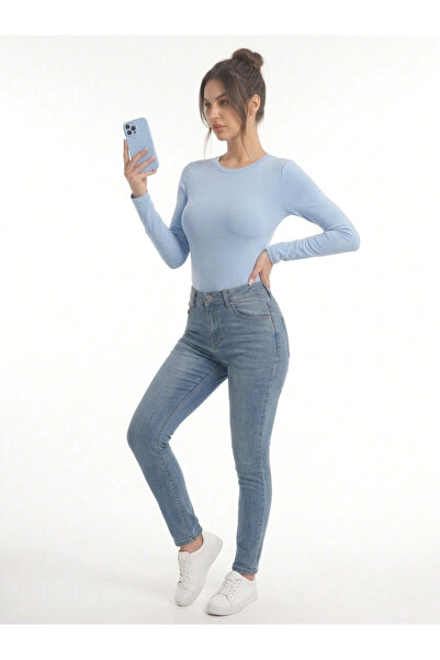 Genel Markalar Kadın Bebe Mavi Bisiklet Yaka Slim Fit Ultra Soft Yumuşak Esne...
