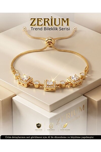 ZERİUM Women's Quality Steel Elevator Adjustable Bracelet Gold Color Square B...