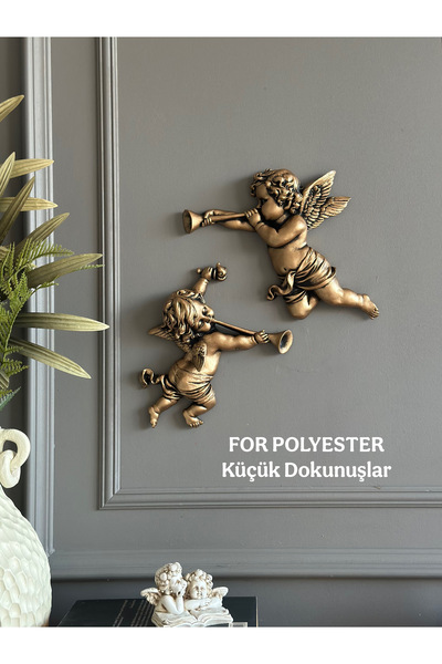 FOR POLYESTER Küçük Dokunuşlar Duvar Meleği 2’li Biblo Altın-Siyah Eskitme /A...