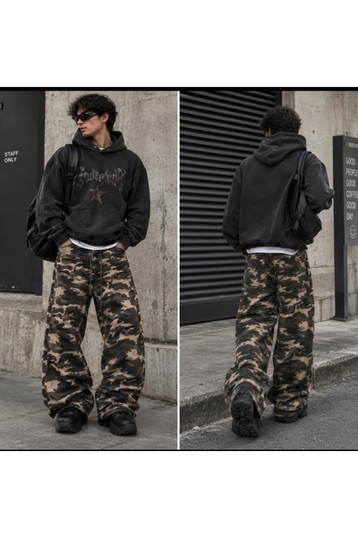 eyonnwear Ανδρικό παντελόνι τζιν Gabardine με φαρδιά μπατζάκια και σχέδιο καμ...
