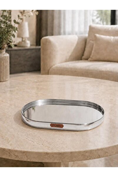 PEKİBU Oval Model Mirror Presentation Tray Decor Silver 25 cm