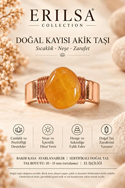 Erilsa Certified Apricot Agate Stone Natural Stone Ring Copper Case Adjustabl...