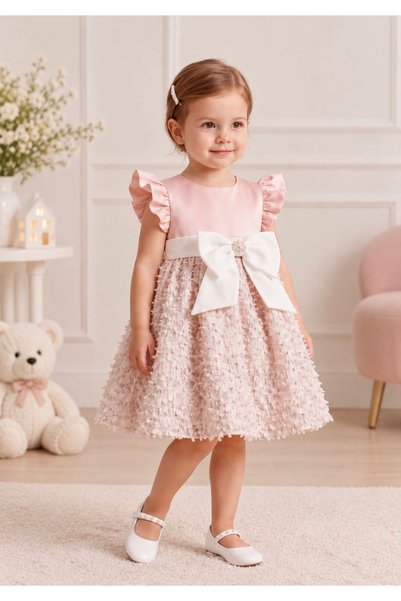 Generic Brand Girls' Dress Pink Elegant Big Bow Ruffle Sleeve Floral Dress