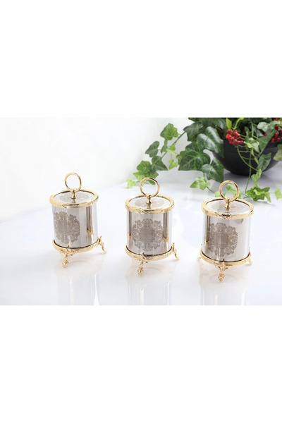 BULUTHOMEAKSESUAR Set of 3 Steel Small Jars in Gold Color 500 Cc