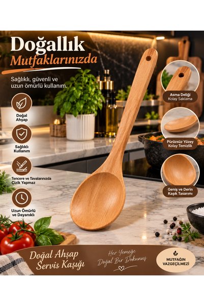 Genel Markalar Ahşap Kepçe – Uzun Saplı Doğal Görünümlü Mutfak Servis Kaşığı