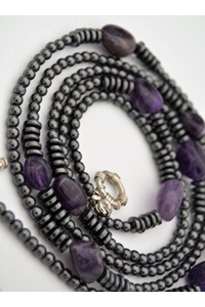 Stoneage Amethyst and Hematite Stone Design Gemicicilite Necklace - Gray -