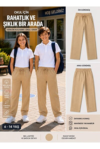 KOZADANKIDS Çocuk BEJ Eşofman Altı Kız Erkek Unisex 6-14 Yaş Okul Pantolonu G...