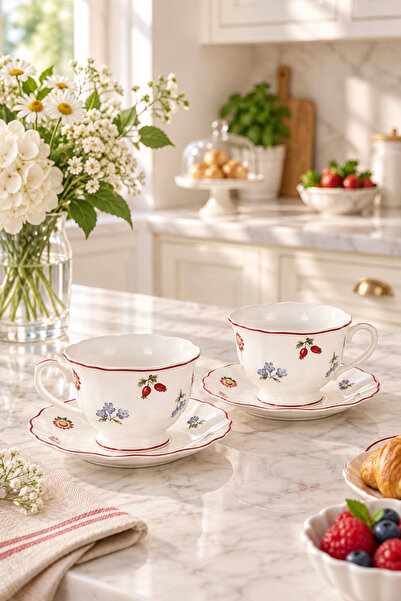 welcomein Garten 2’li Çiçek Desenli Porselen Kahve Fincanı Seti – Tabaklı 4 P...