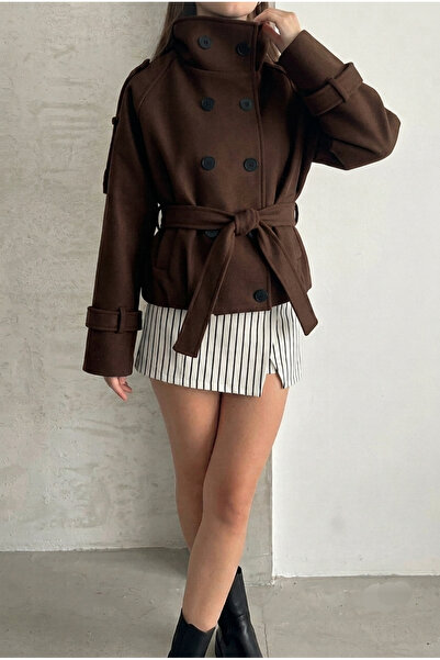 Lovely butik Women's Belted Button Detailed Stand Collar Cashmere Short Coat