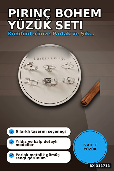 Şeker Portakalım طقم خواتم نحاسية بوهيمية مفصلة من 6 قطع - لون فضي، مقاس 7-8،...