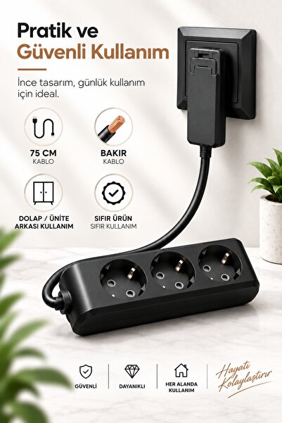 Aryes 3'lü Uzatma Kablosu 75 CM İnce Yassı Fişli Topraklı Siyah Priz Dolap ve...