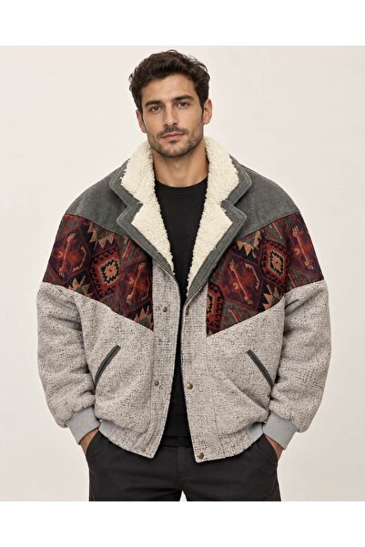 CANMODA (8005) Recien Unisex Γούνινο Γιακά Vintage Αζτέκικο Μπουφάν Oversize ...