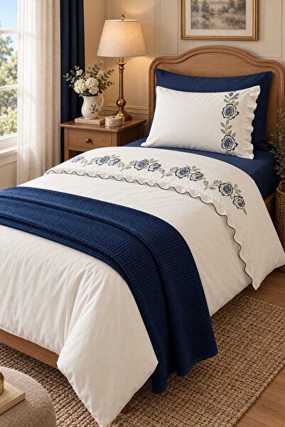 İK TEKSTİL Rosalin Rose Embroidered and Ruffled 100% Cotton 5 Piece Single Du...
