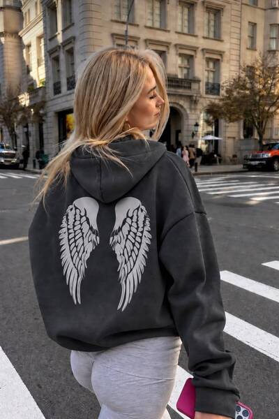 Mad&Calf Women's Angel Wings Printed Hooded Fleece Oversize Sweatshirt