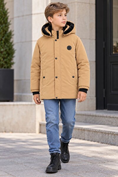 CansınMini Mustard Boy's Embroidered Fur Hooded Inflatable Coat with Fleece I...