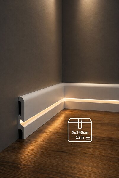 Dekor 10cm Beyaz Süpürgelik,5 Adet 12m LED Kanallı Polimer Duvar Dekorasyonu ...