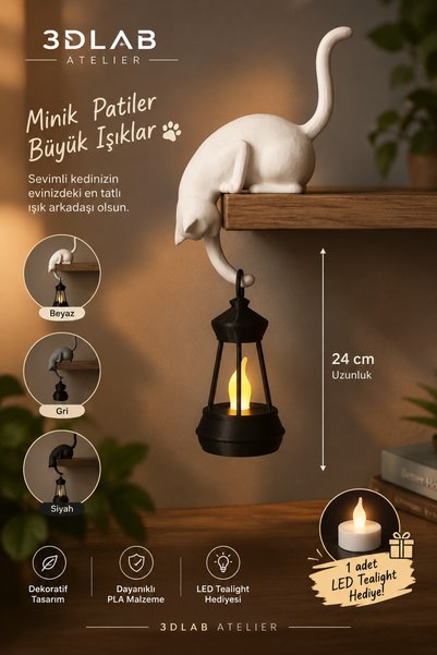 Dekoratif Sarkıt Kedi Feneri – LED Tealight Hediyeli | 24 cm | PLA 3D Baskı