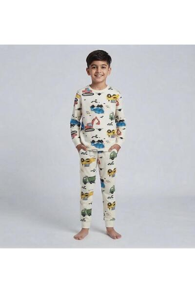 Little D&E Erkek Çocuk Renkli İnşaat Makineleri Desenli %100 Pamuklu Pijama T...