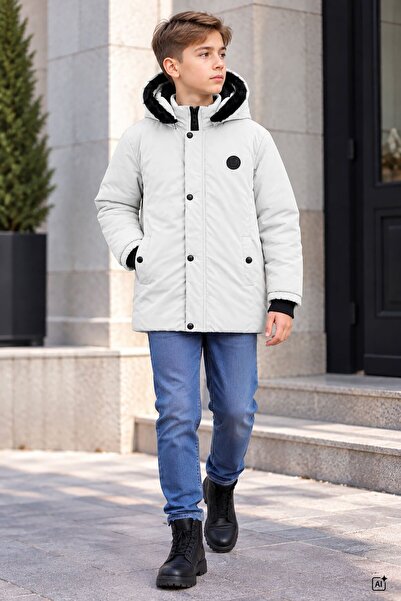 CansınMini Gray Boy's Embroidered Fur Hooded Inflatable Coat with Fleece Insi...