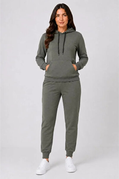 JANES Two-Thread Hooded Jogger Tracksuit Set with Kangaroo Pockets - Khaki