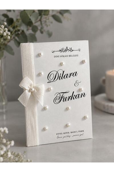 Bianı Tasarım Kişiye Özel İsimli Nikah Belgesi İnci Detaylı ve Kurdele Süslemeli