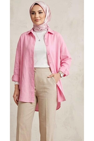 blackbonds Kadın pembe oversize Pamuklu Keten Tek Cepli Salaş teseddür gömlek