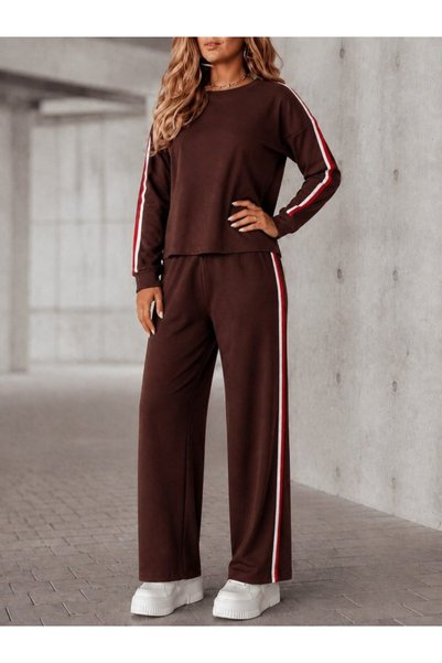 Modayakamoz Women's Long Sleeve Crew Neck Stripe Detailed Viscose Two-Thread Blouse and Trousers Two-Piece Set