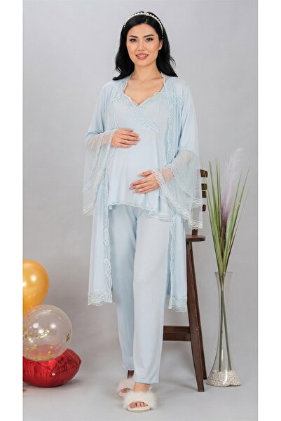 Kadın Dantel Detaylı Kruvaze Yaka 3'lü Loğusa ve Hamile Sabahlıklı Pijama Takımı