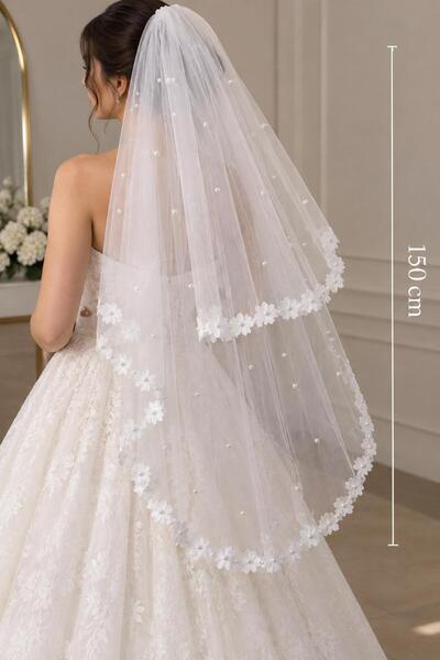 Genel Markalar 150x150 cm Taraklı Çiçek ve İnci Detaylı 2 Katlı Tül Gelin Duv...