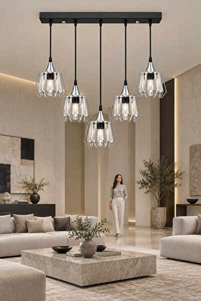 ESSLİGHT Violet 5’li Siyah Sarkıt Kristal Taşlı Avize Salon Mutfak Yatak Odası