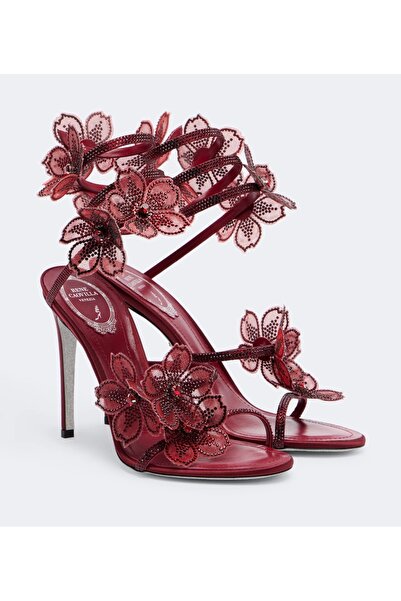 Heel Rene Caovilla Women's Red Floriane Floral-Applique Embellished Sandals