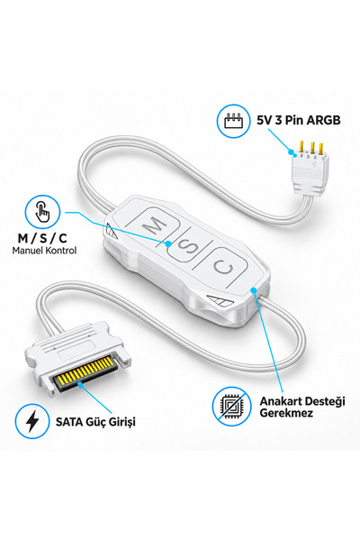5V 3 Pin ARGB RGB Kontrolcü SATA Bağlantılı LED Denetleyici Beyaz Renk