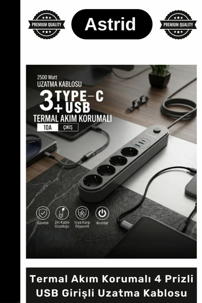Özel Tasarım Akım Korumalı Hızlı Şarj Type C Enerji İstasyonu 4 Prizli USB Girişli Uzatma Kablosu