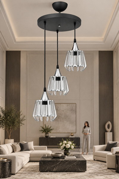 ESSLİGHT Violet 3’lü Siyah Sarkıt Kristal Taşlı Avize Salon Mutfak Yatak Odası