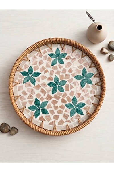 ZenGlow El Yapımı Dekoratif İşlemeli Rattan Kenarlı Mermer Tabanlı Yuvarlak S...