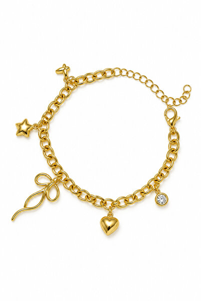 Toplu Aksesuar Women's Gold Color Stainless Steel Charm Chain Bracelet with A...
