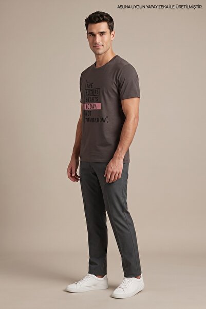 Maccali Dark Gray Men's the Future Starts Today Printed Crew Neck Loose Fit T...