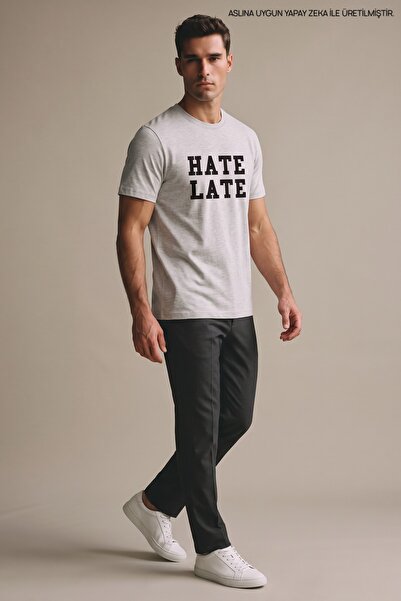 Maccali Gray Men's Hate Late Printed Crew Neck Loose Fit T-Shirt