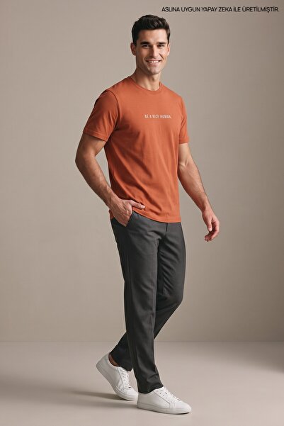 Maccali Orange Men's Be a Nice Human Printed Crew Neck Loose Fit T-Shirt