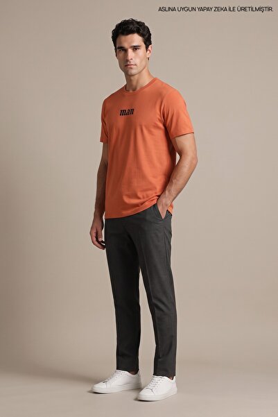 Maccali Orange Men's Printed Crew Neck Loose Fit T-Shirt