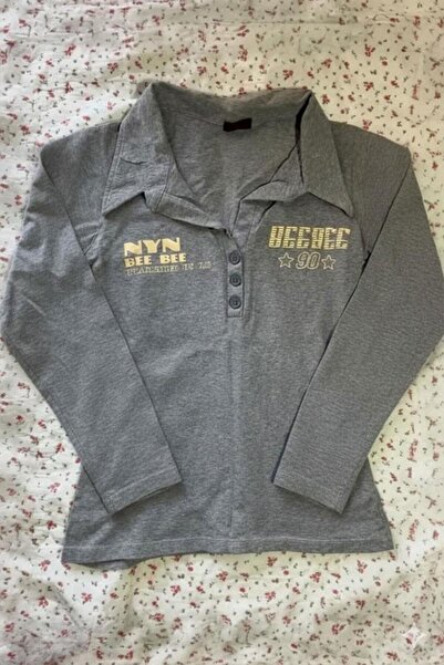 ARS Butik Γκρι μελανζέ Nyn Bee Bee με κουμπιά και γιακά πόλο, Y2K μακρυμάνικο...