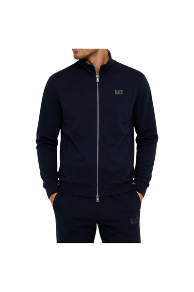 EA7 Men's Regular Fit Cotton Stand Collar Logo Printed Long Sleeve Navy Blue ...
